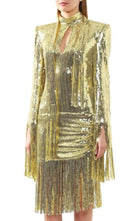 Balmain Fringed Gold Sequined Midi Dress - Runway Catalog