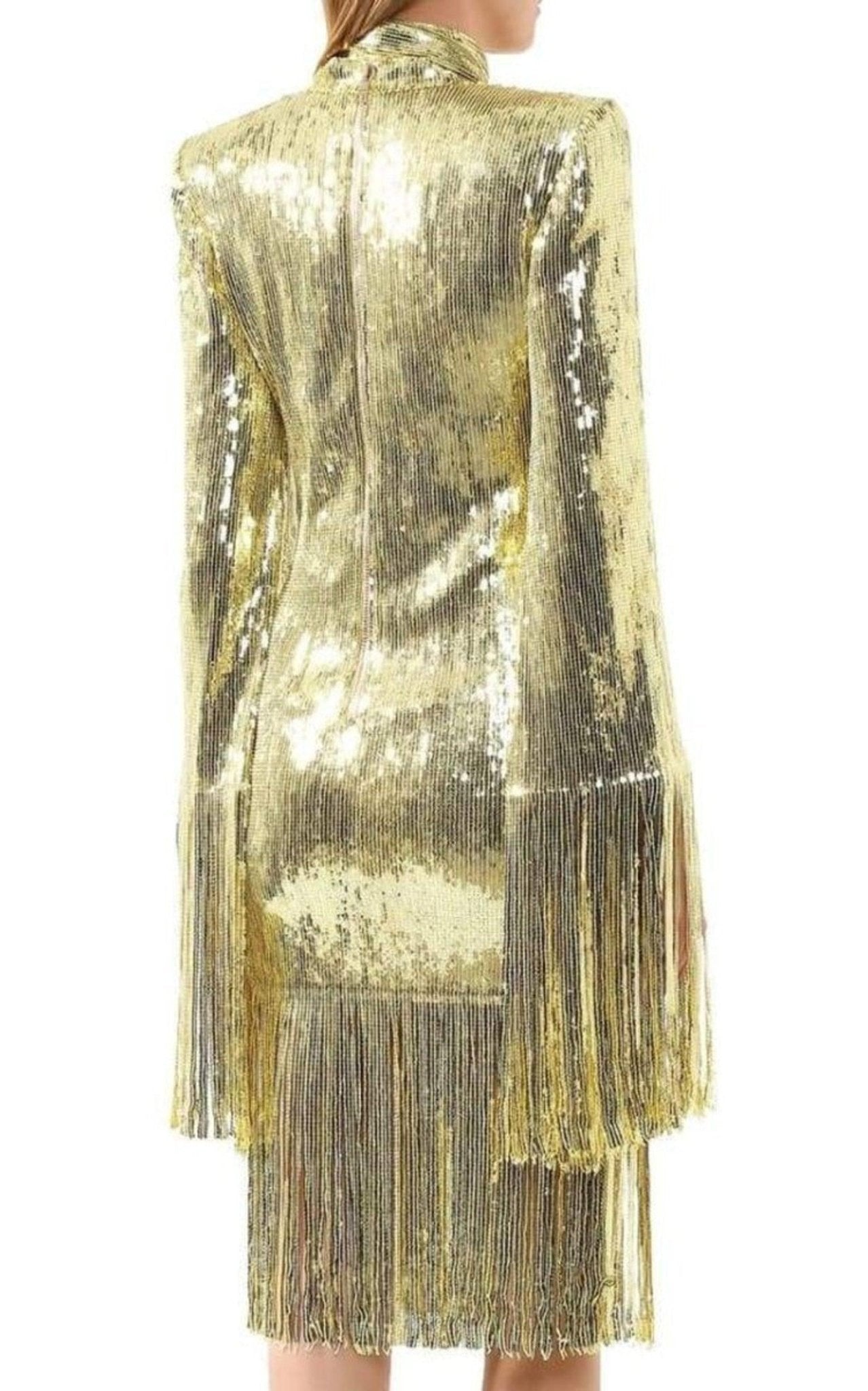 Balmain Fringed Gold Sequined Midi Dress - Runway Catalog