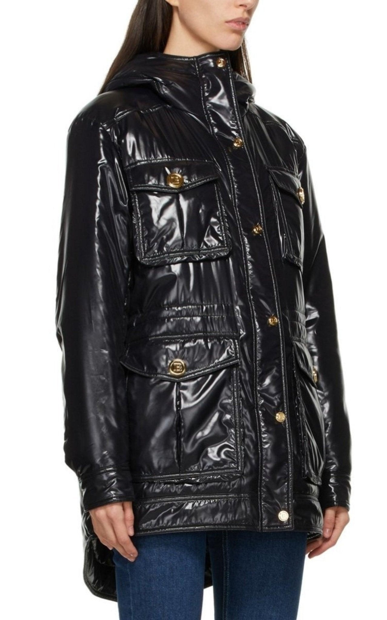 Balmain Black High-Shine Hooded Multi-Pocket Jacket