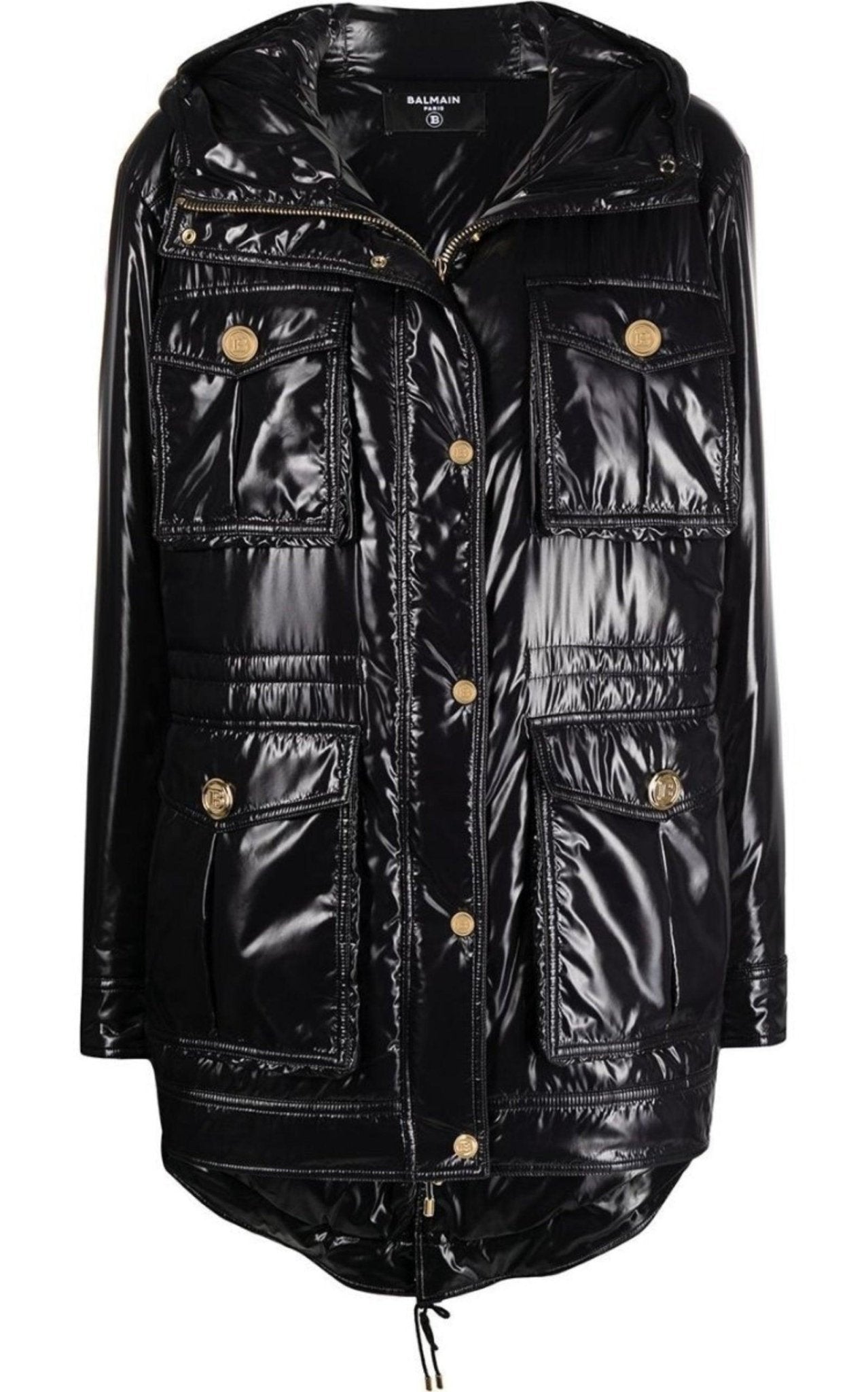BALMAIN　ジャケット Balmain Black High-Shine Hooded Multi-Pocket Jacket