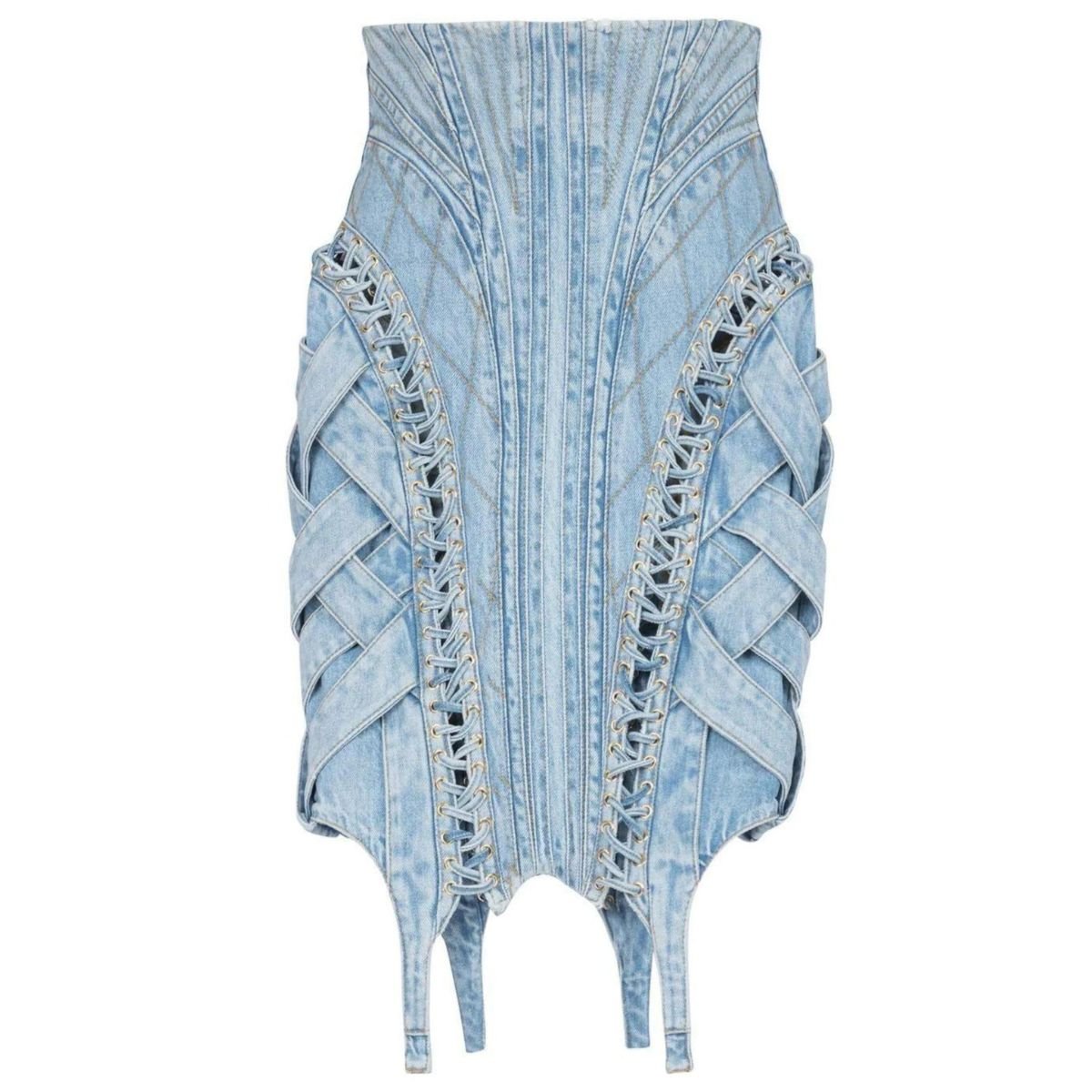 Balmain High - waist Lace - up Denim Skirt - Runway Catalog