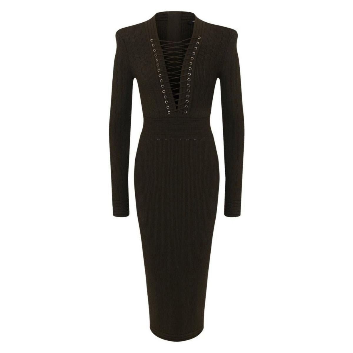 Balmain Lace - up Long Sleeve Midi Sweater Dress - Runway Catalog