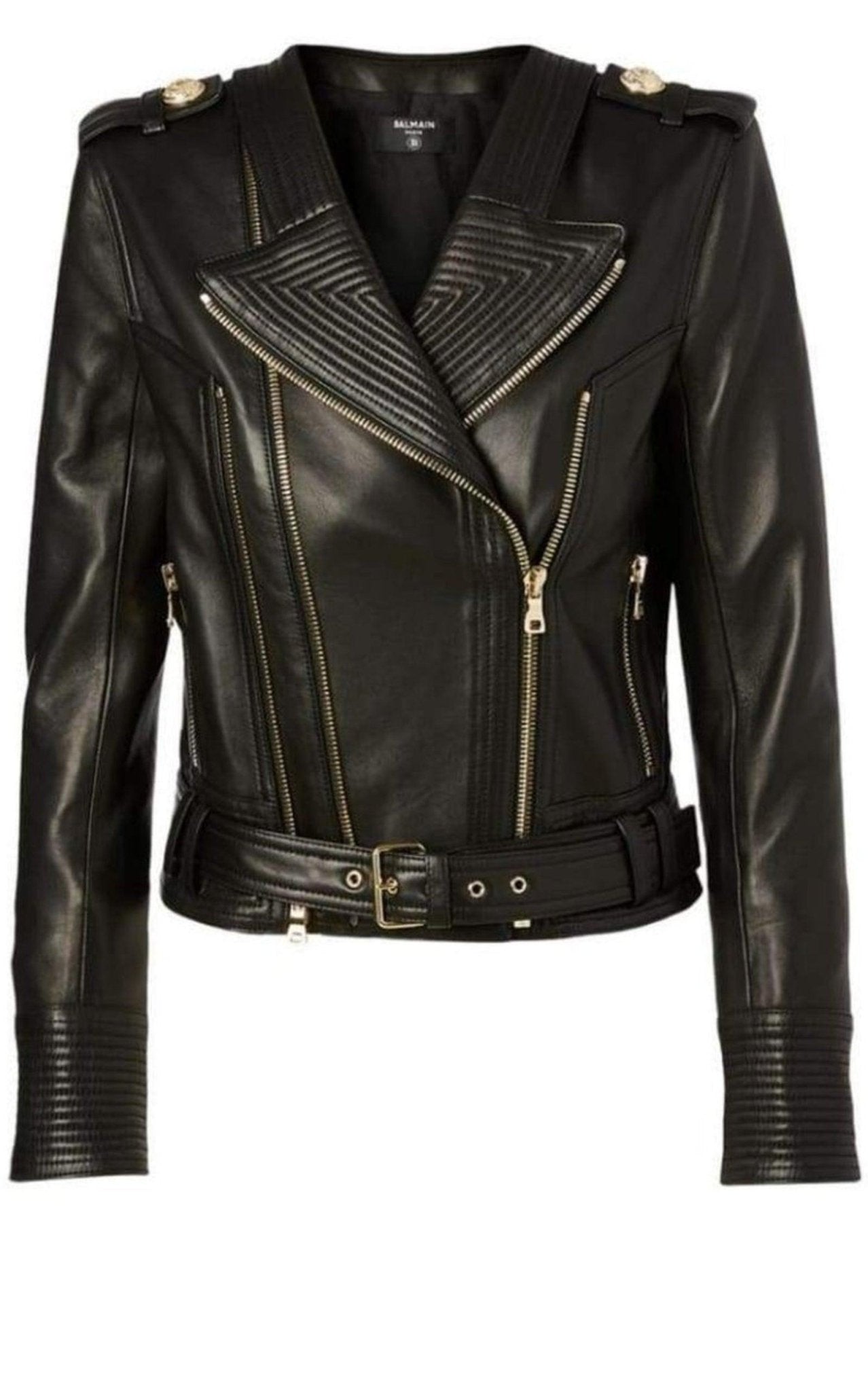 Balmain Lambskin Buckle-Belt Leather Jacket, Black - Runway Catalog