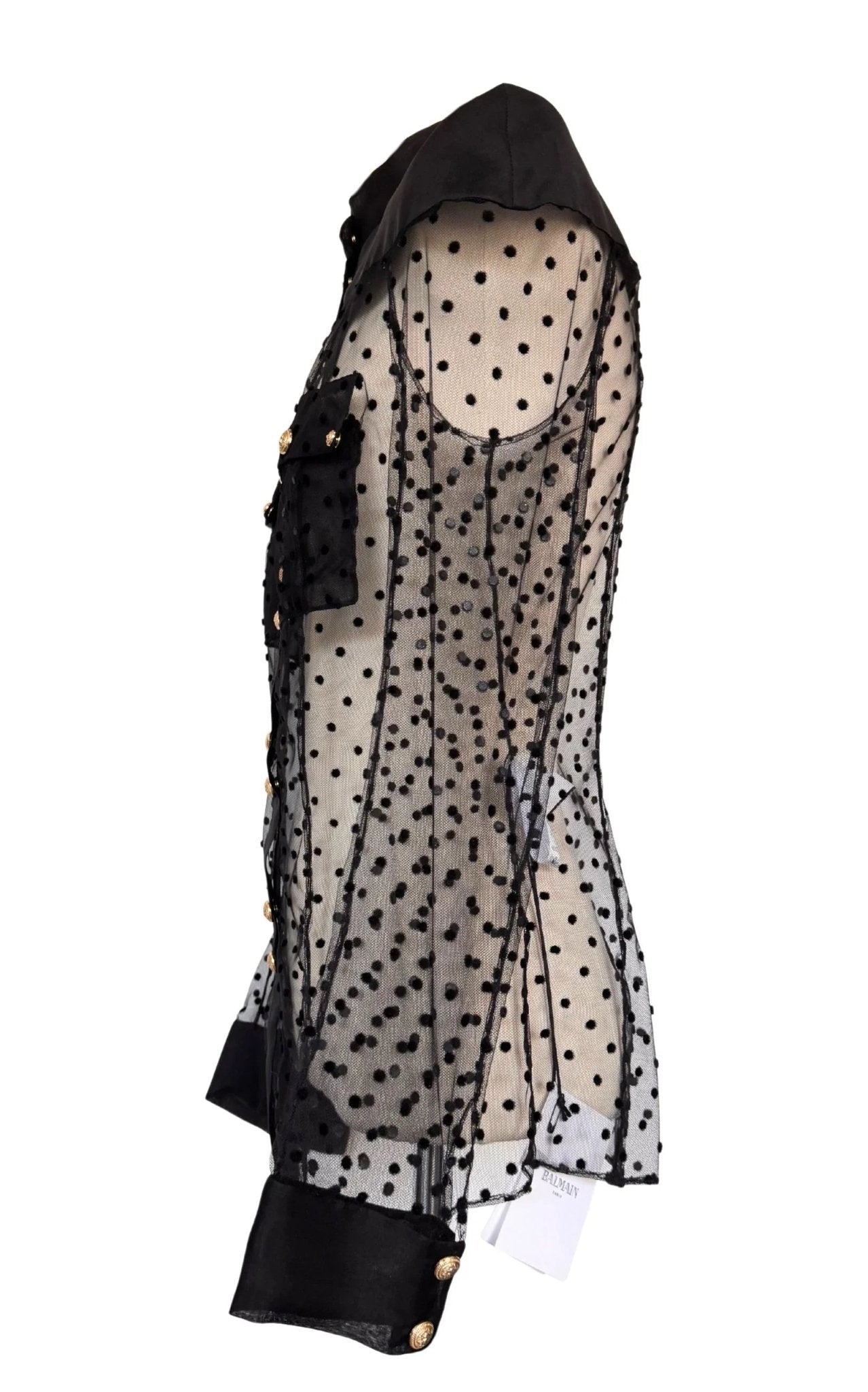 Balmain Long Sleeve Black Polka Dot Silk Shirt with Gold Buttons - Runway Catalog