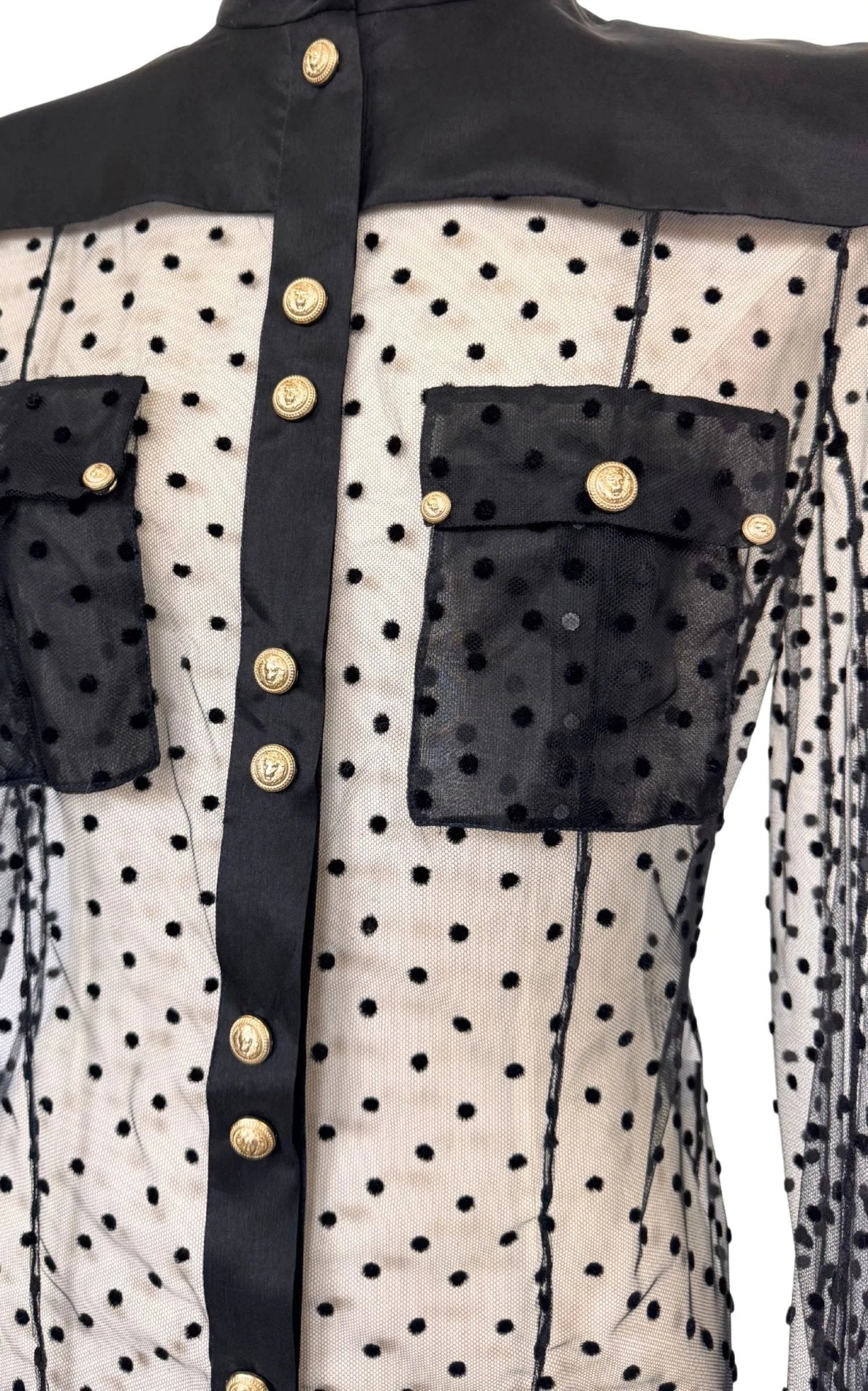 Balmain Long Sleeve Black Polka Dot Silk Shirt with Gold Buttons - Runway Catalog