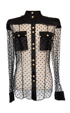 Balmain Long Sleeve Black Polka Dot Silk Shirt with Gold Buttons - Runway Catalog