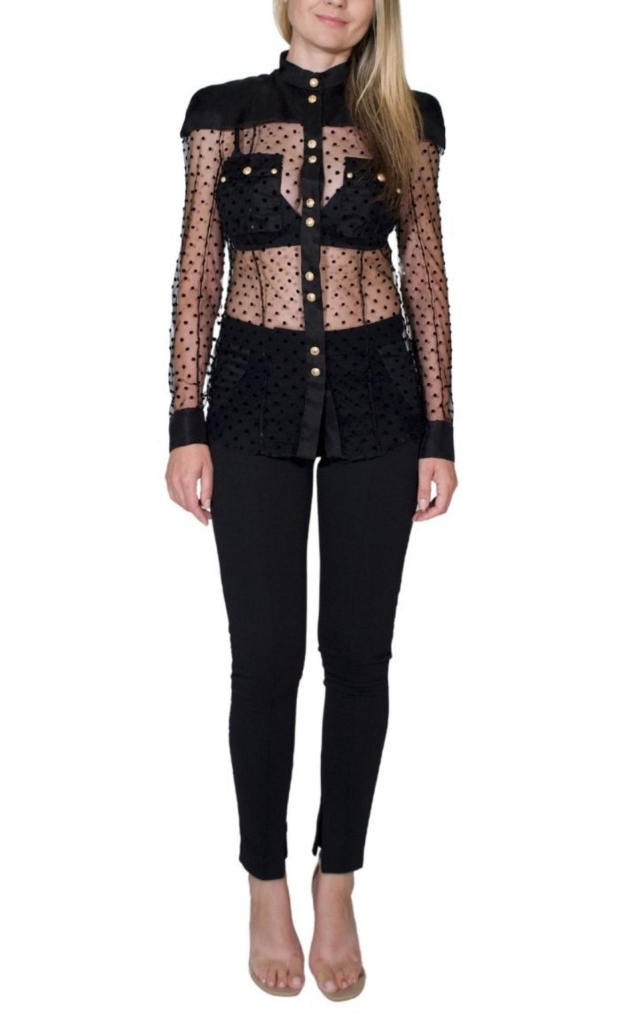 Balmain Long Sleeve Black Polka Dot Silk Shirt with Gold Buttons - Runway Catalog