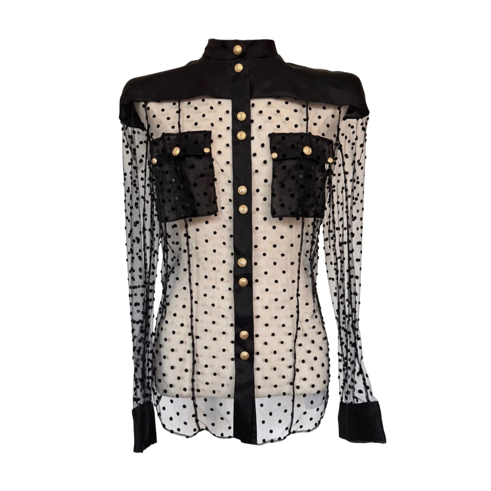 Chemise en soie à manches longues à pois noirs et boutons dorés Balmain - Catalogue défilé