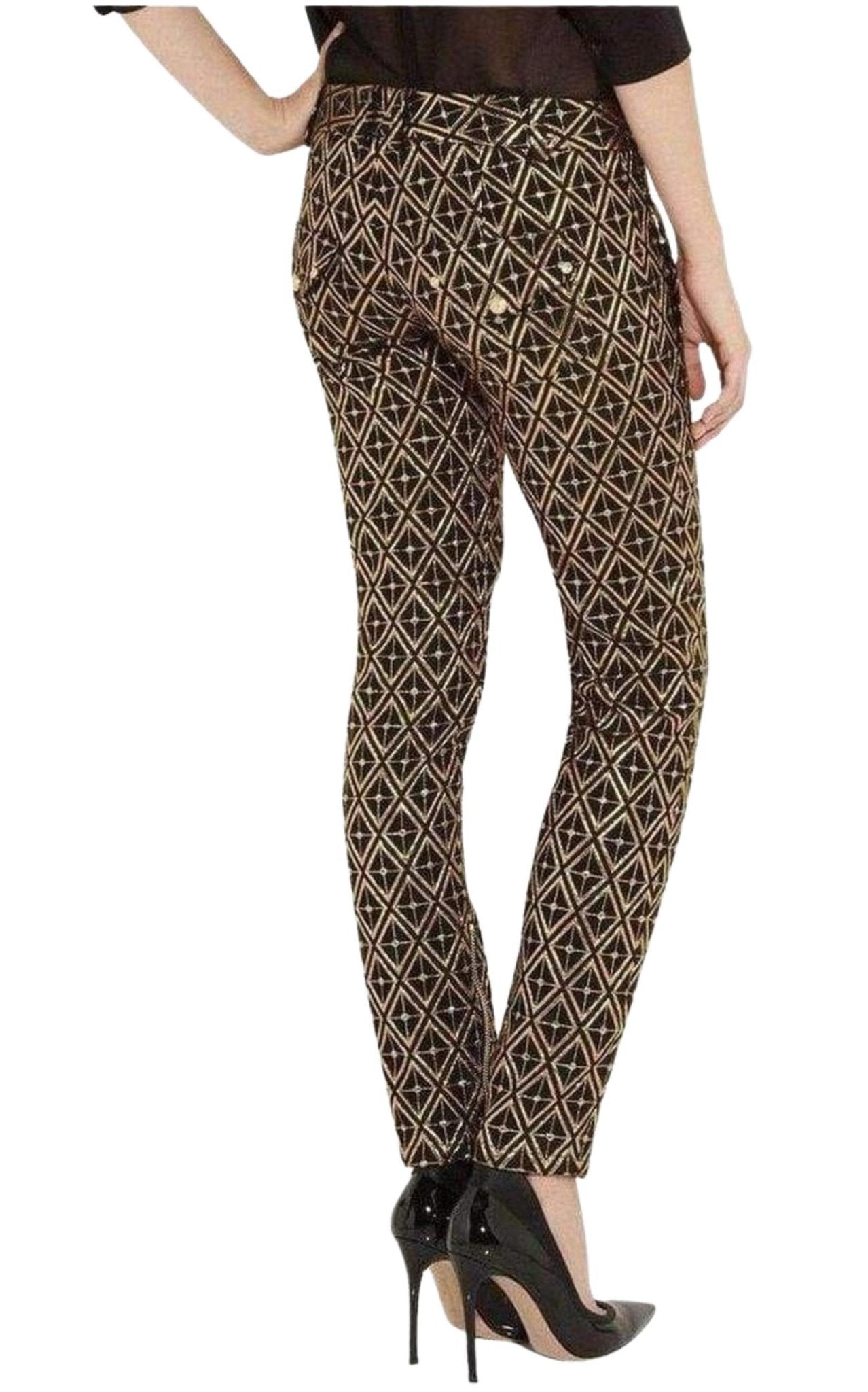 Balmain Metallic Jacquard Skinny Pants in Black and Gold - Runway Catalog