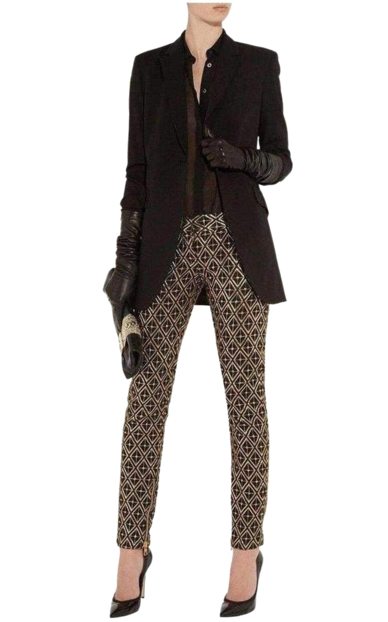 Balmain Metallic Jacquard Skinny Pants in Black and Gold - Runway Catalog