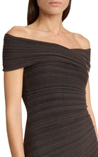 Balmain off-the-shoulder ribbed-knit maxi dress with crossover fitted bodice and sheer floor-length skirt