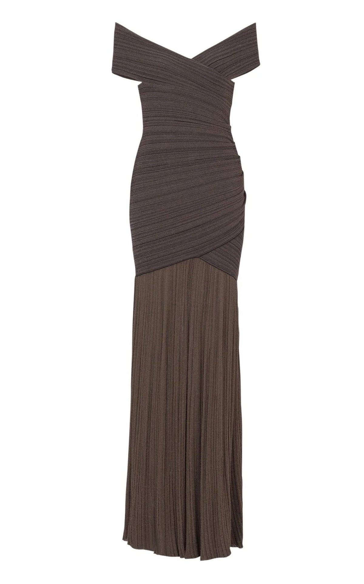 Balmain off-the-shoulder ribbed-knit maxi dress with crossover fitted bodice and sheer floor-length skirt