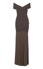 Balmain off-the-shoulder ribbed-knit maxi dress with crossover fitted bodice and sheer floor-length skirt