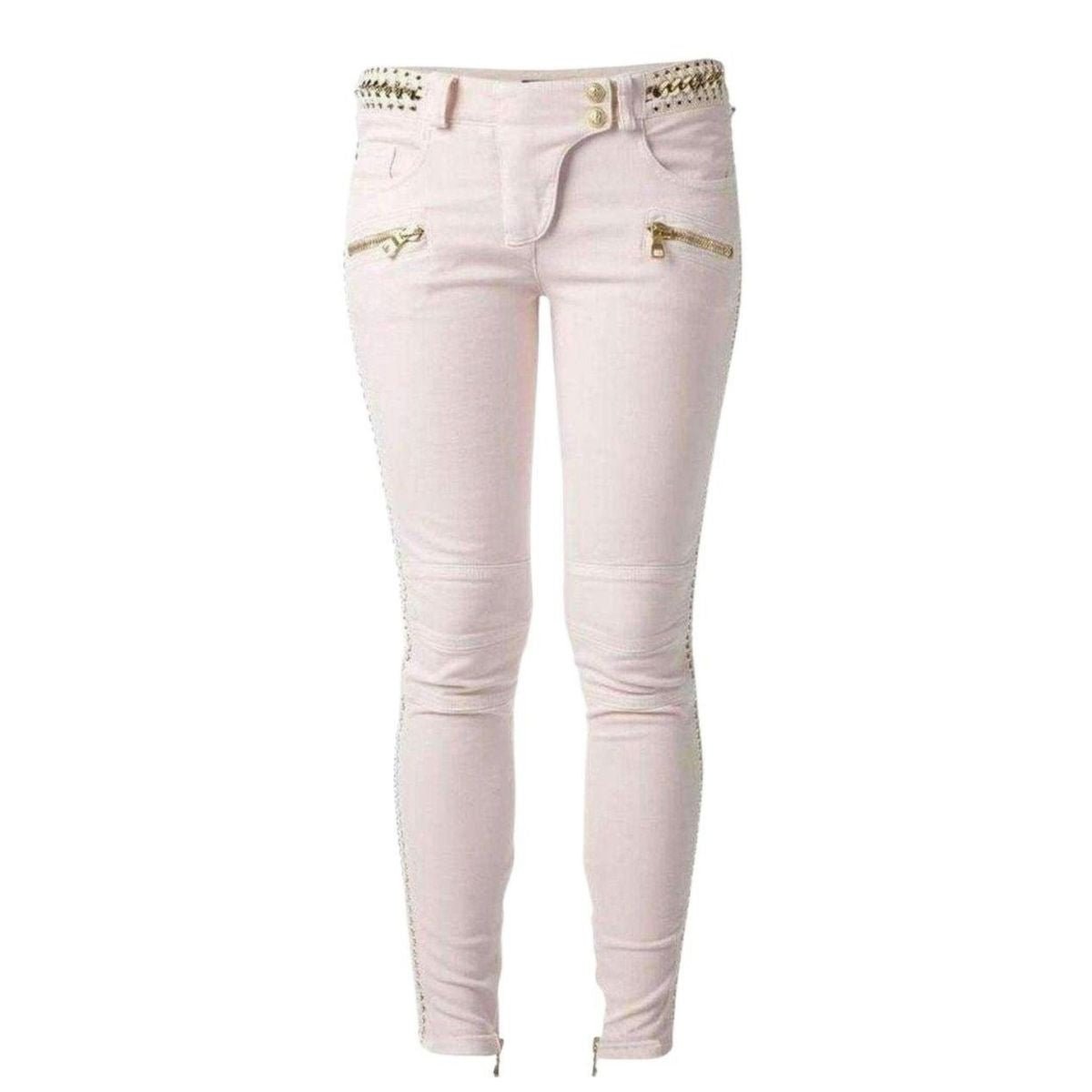 Balmain Rose Pink Low - Rise Lace & Chain Biker Jeans - Runway Catalog