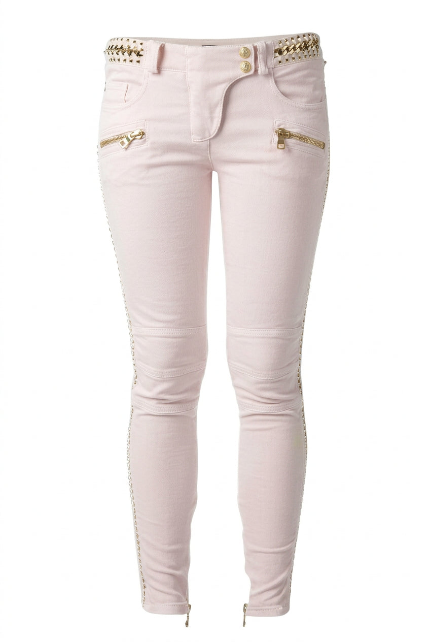 Balmain Rose Pink Low - Rise Lace & Chain Biker Jeans - Runway Catalog