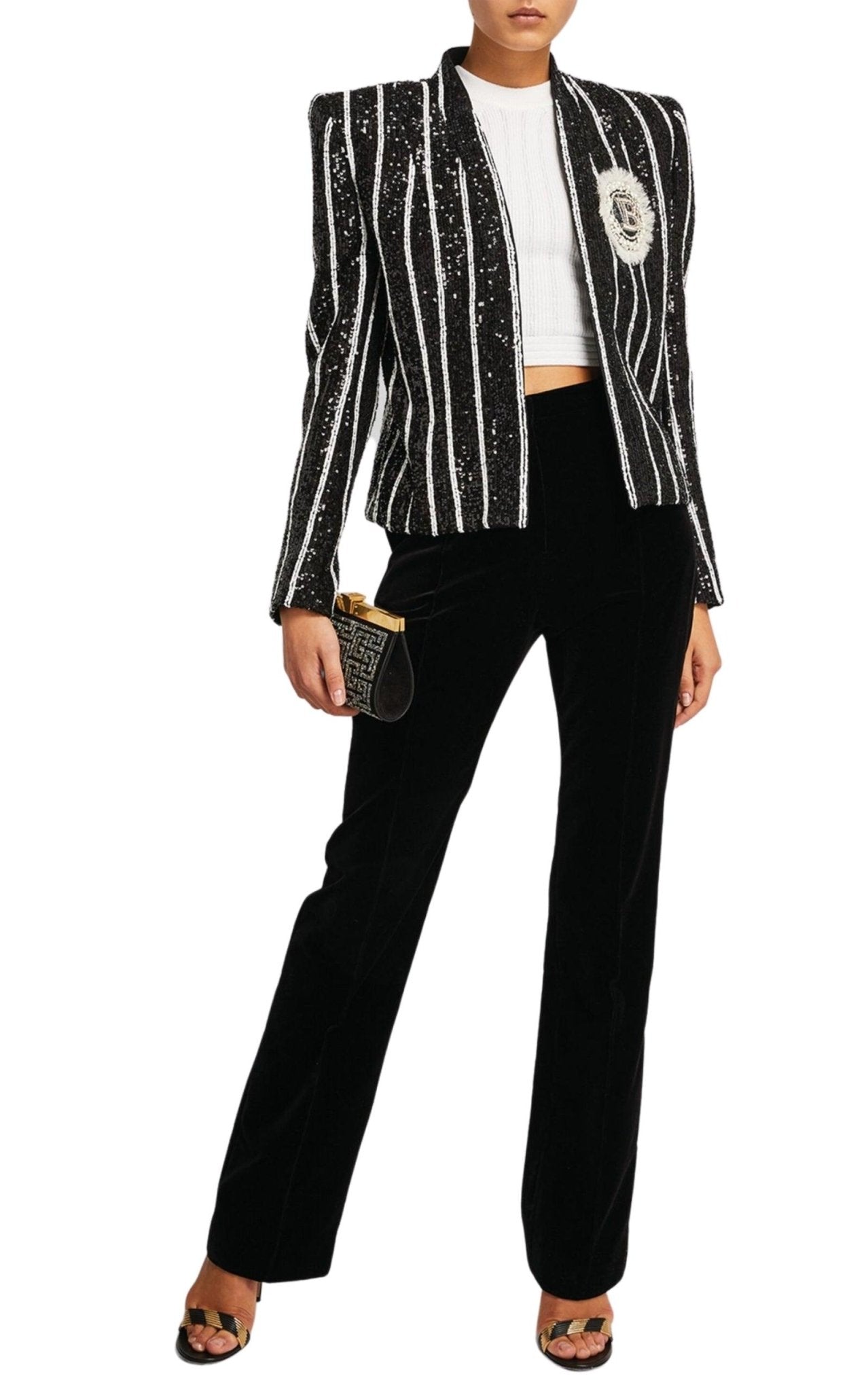 Balmain Sequinned Black White Striped Spencer Jacket