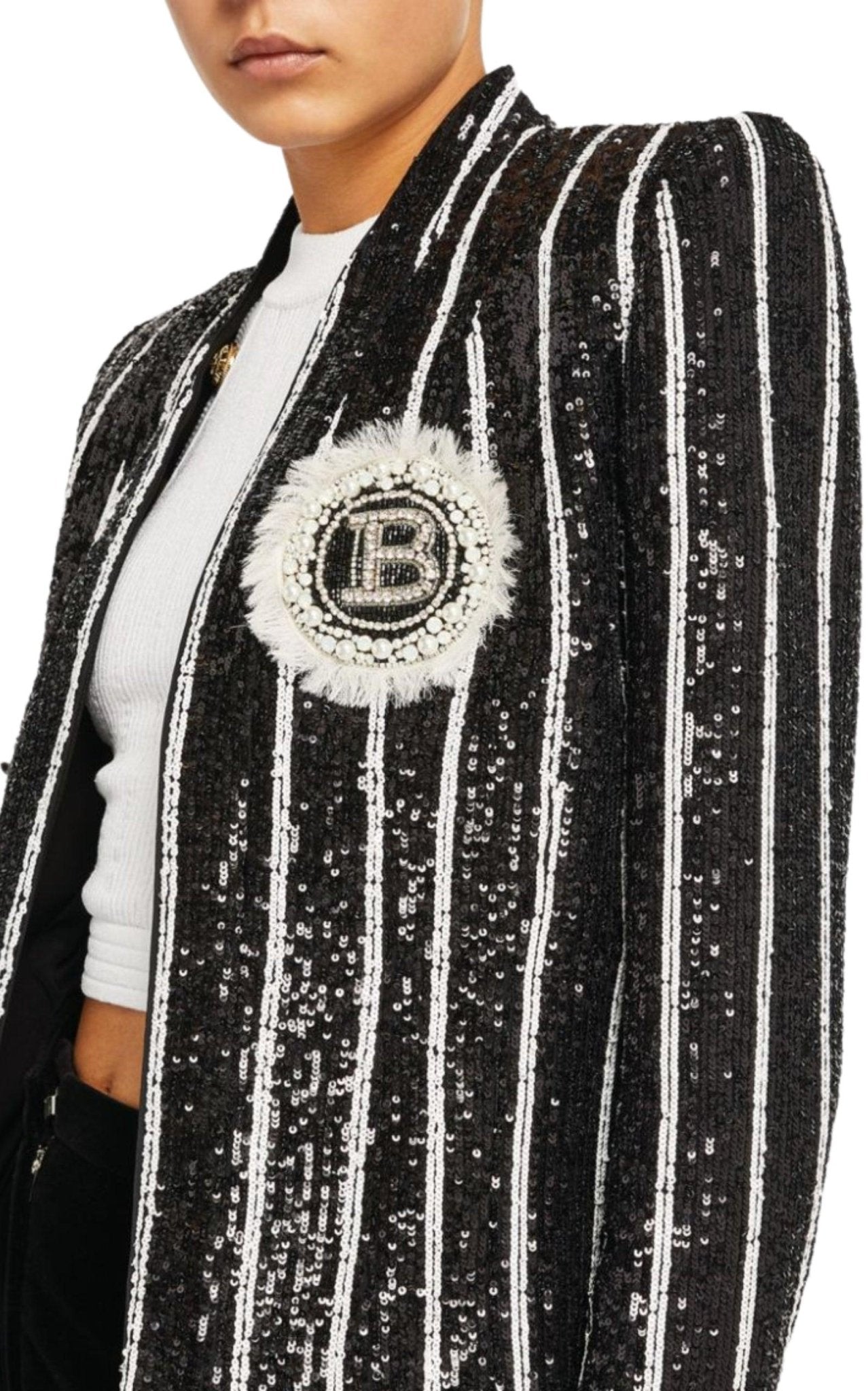 Balmain Sequinned Black White Striped Spencer Jacket