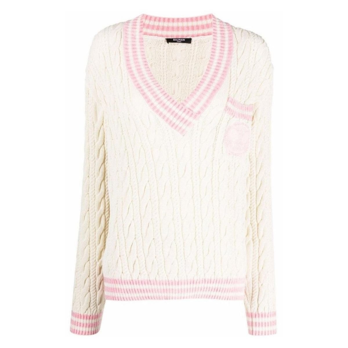 Balmain Wool - Blend Cable Knit Sweater With Patch - Runway Catalog