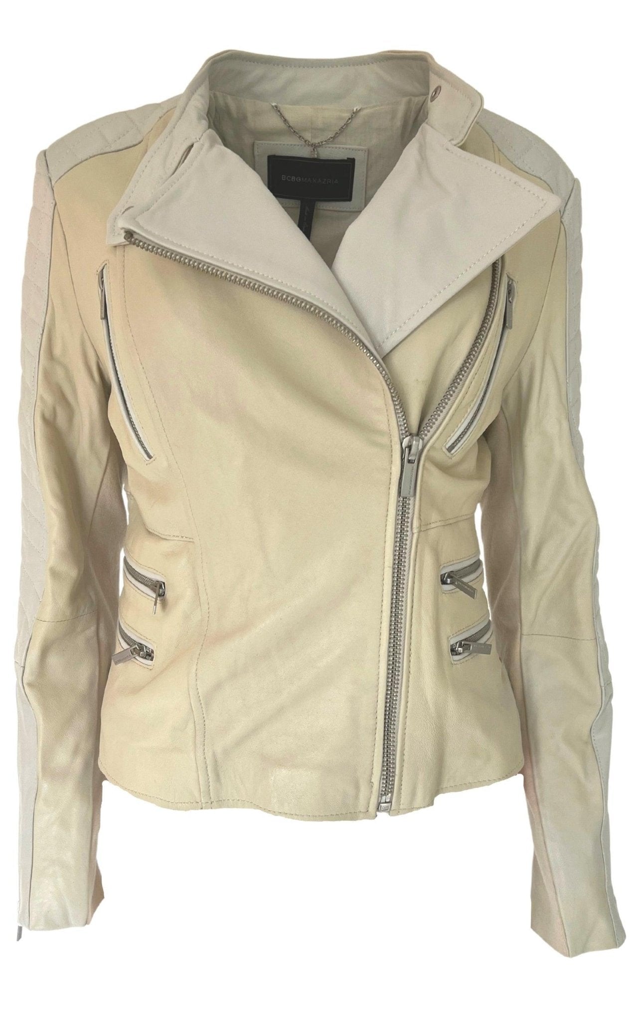 BCBGMAXAZRIA Biker Two Tone Leather Jacket - Runway Catalog