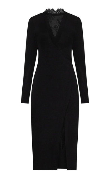 BCBGMAXAZRIA Black Lace-Trim Midi Dress Runway Catalog BCBGMAXAZRIA Black Lace-Trim Midi Dress Runway Catalog