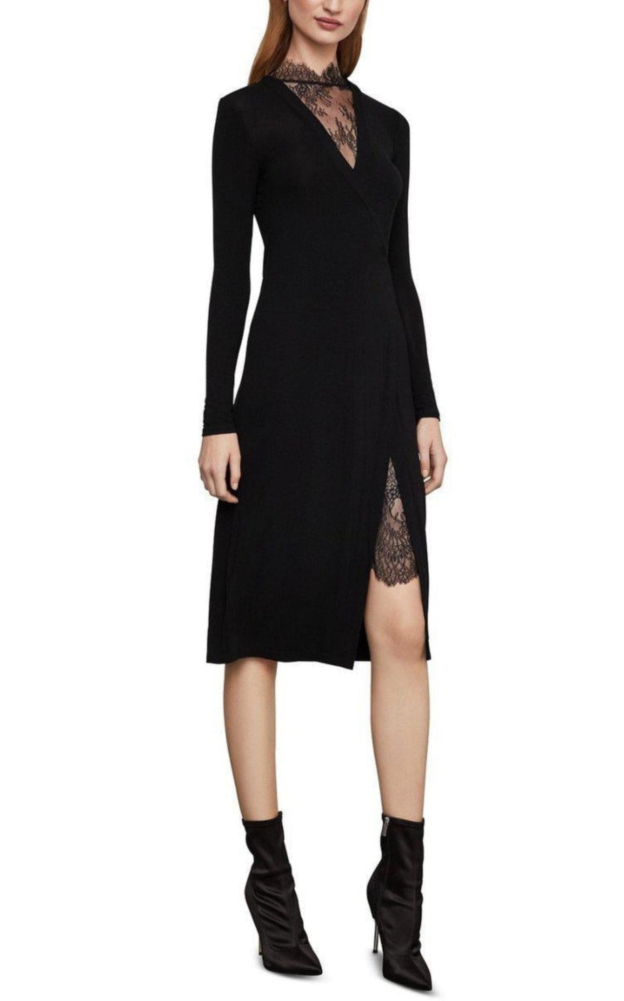 ⭐️BCBG MAXAZRIA BCBGMAXAZRIA Black Lace-Trim Midi Dress - Runway Catalog