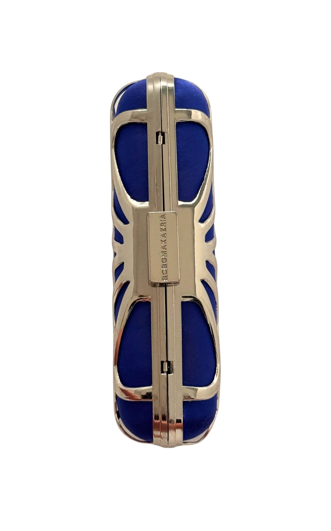 BCBG Max Azria cobalt blue satin box clutch with silver-tone geometric cage frame and chain strap
