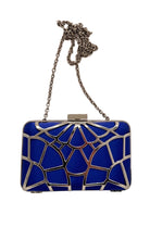BCBG Max Azria cobalt blue satin box clutch with silver-tone geometric cage frame and chain strap