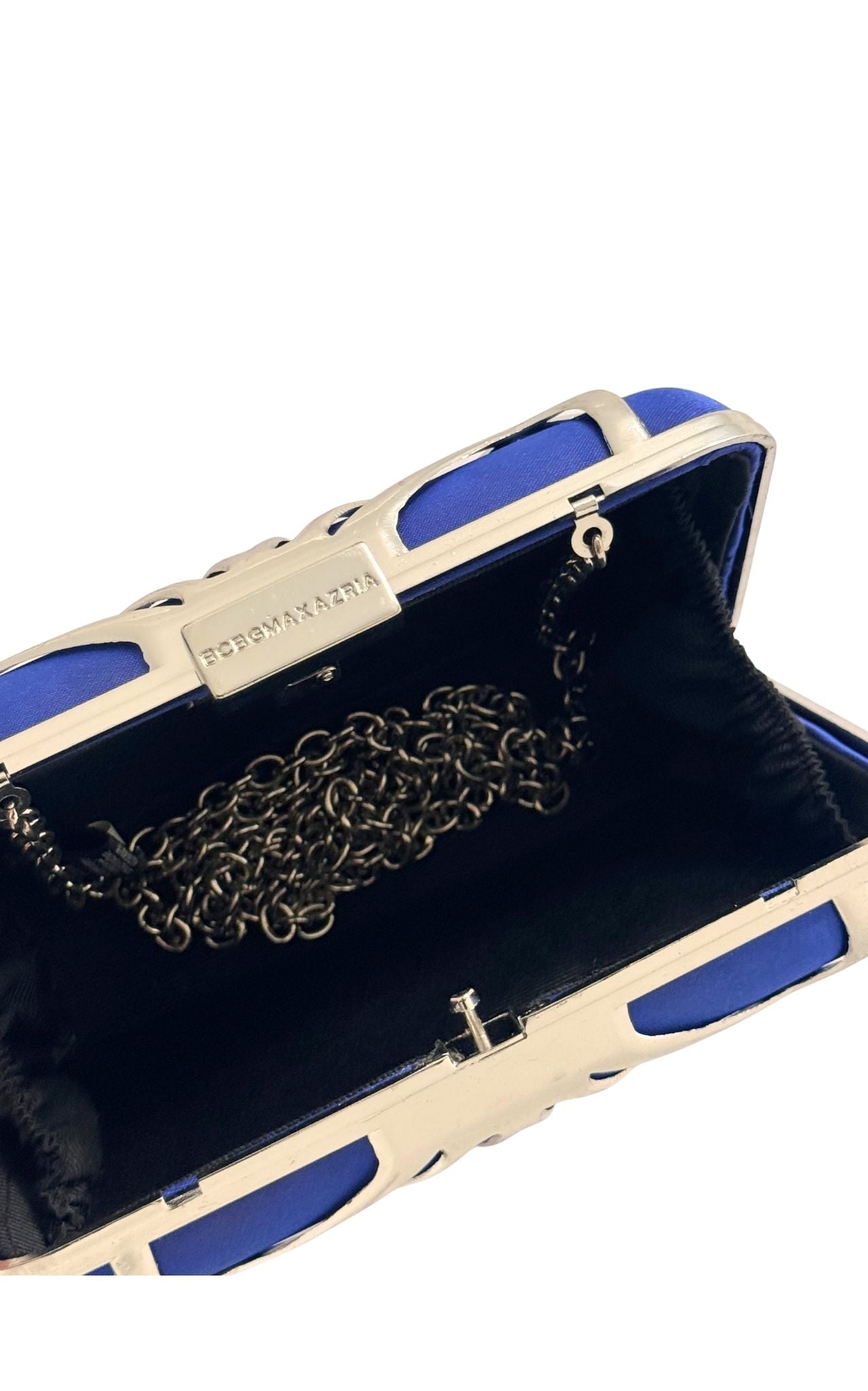 BCBG Max Azria cobalt blue satin box clutch with silver-tone geometric cage frame and chain strap