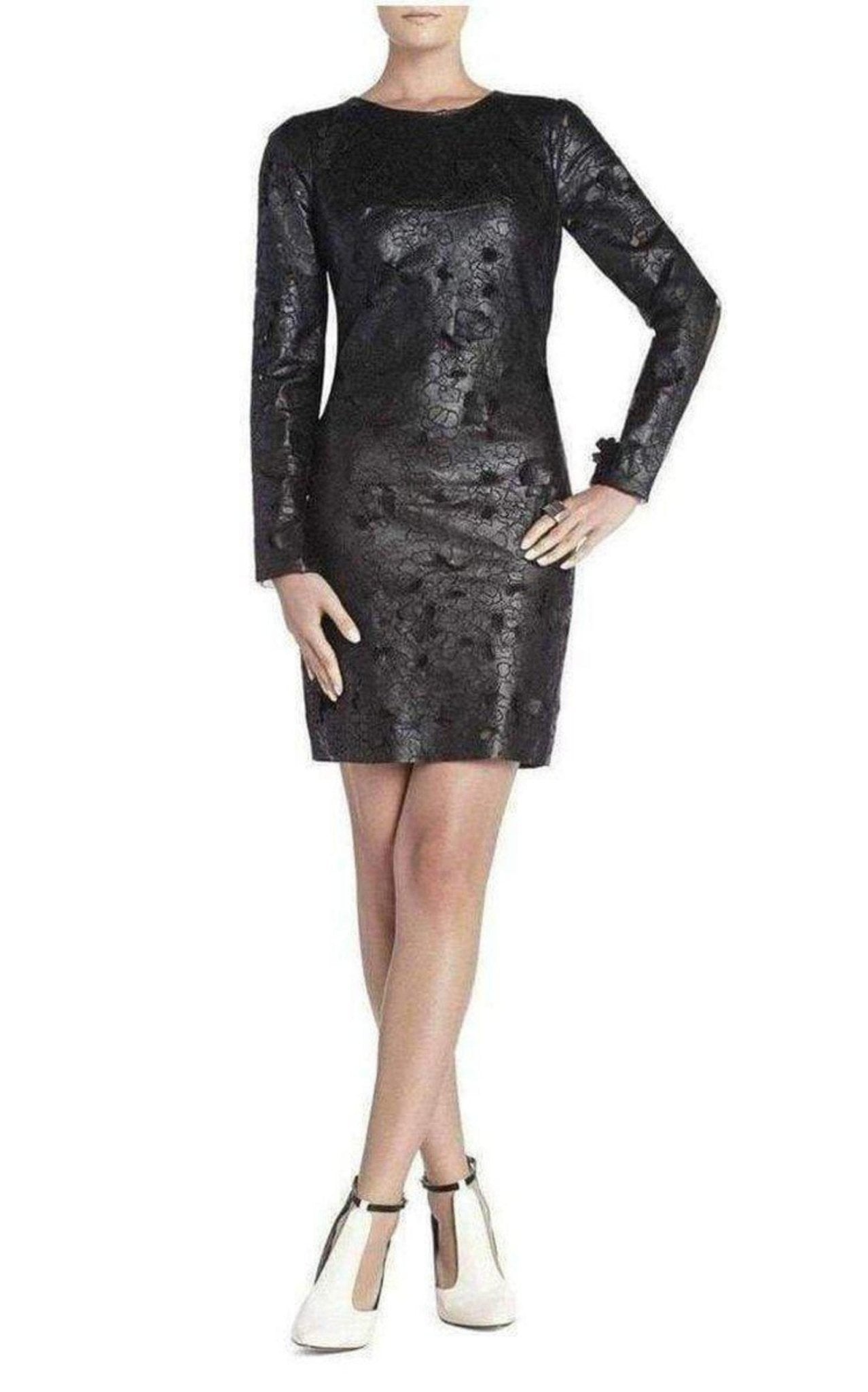 BCBGMAXAZRIA Black Jillea Embroidered Cutout Faux Leather Dress