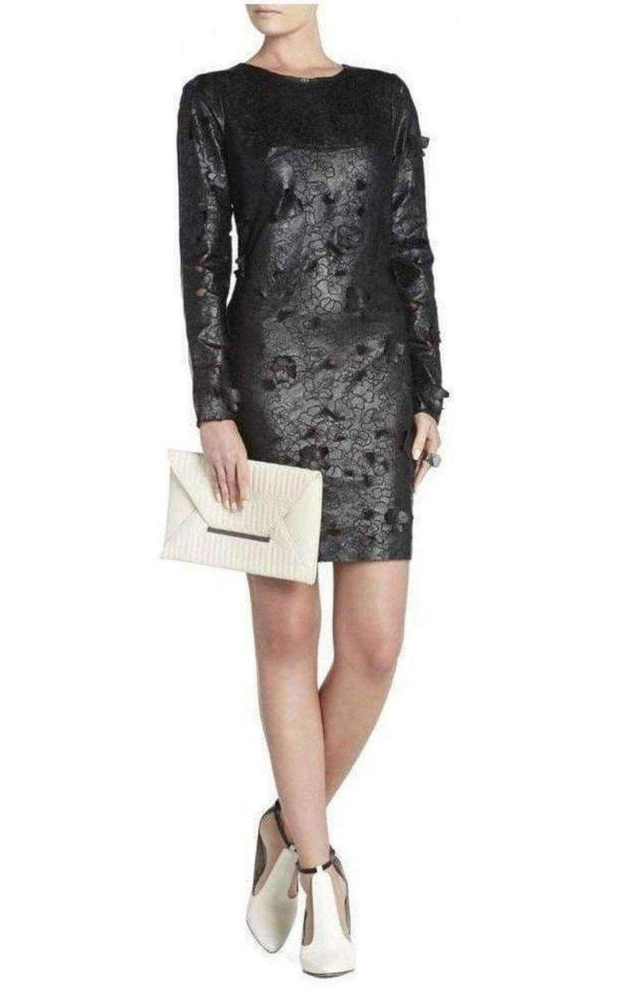 BCBGMAXAZRIA Embroidered Cutout Faux Leather Dress - Runway Catalog