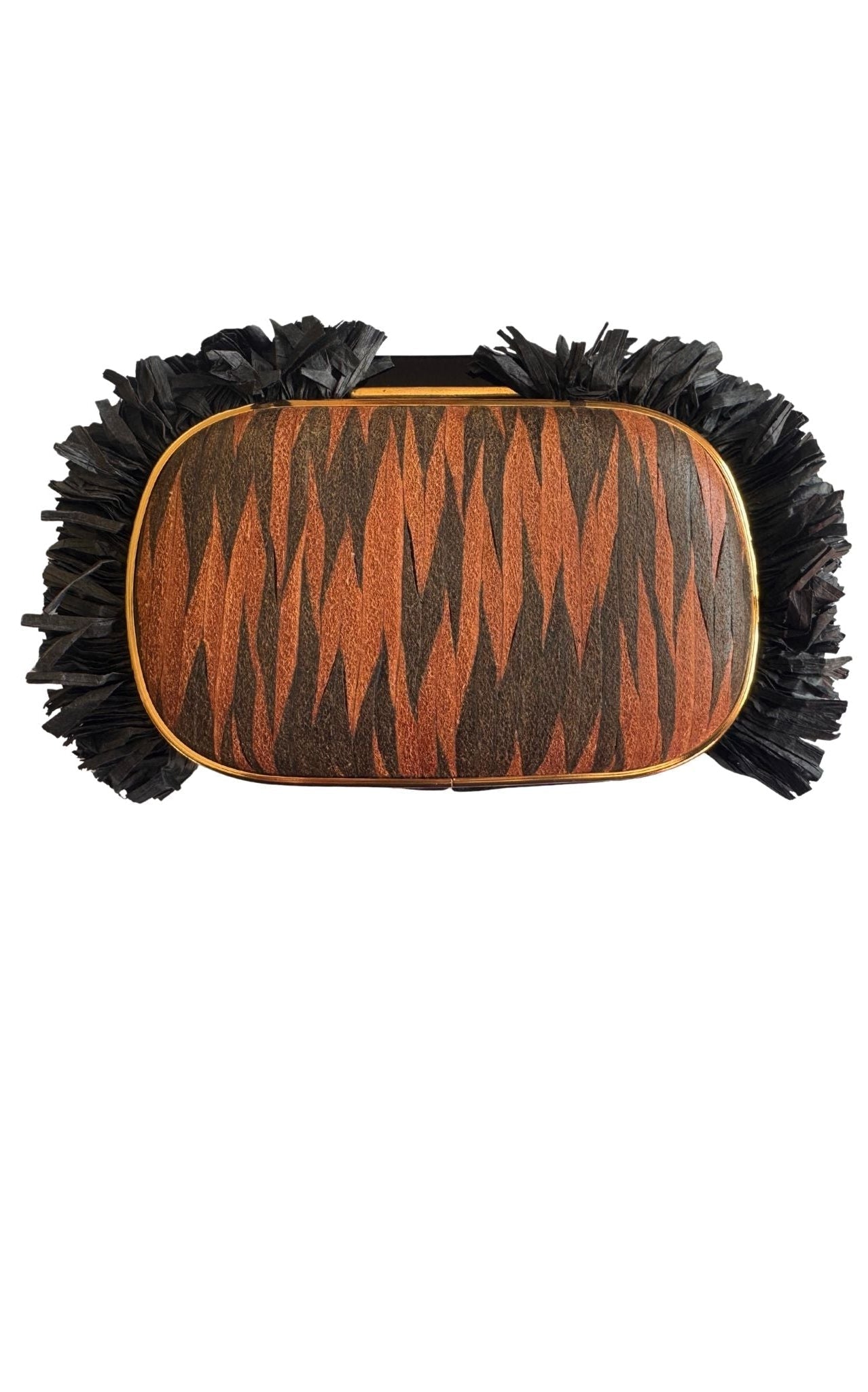 BCBG Max Azria tiger-print satin fringed clutch front view