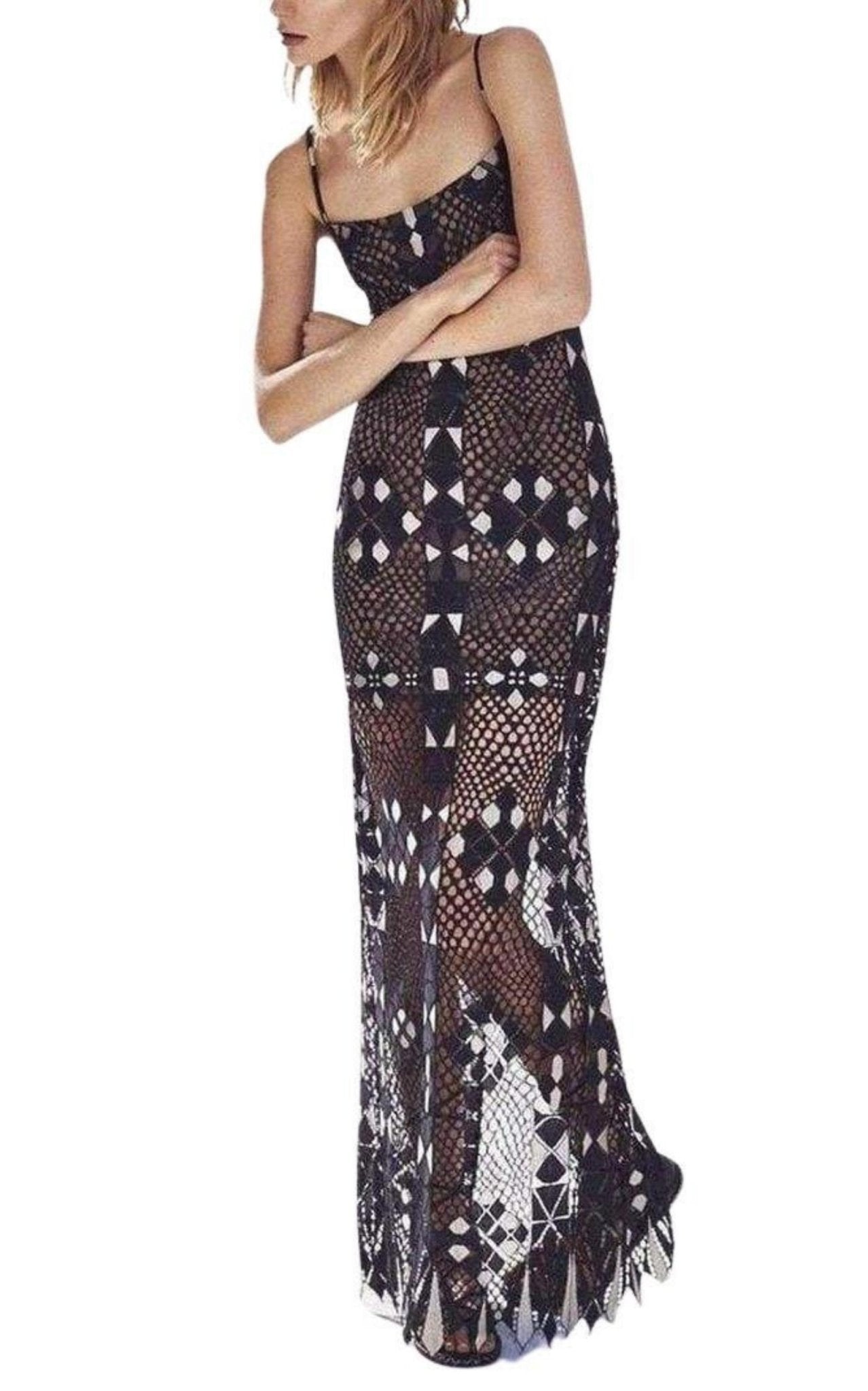 BCBGMAXAZRIA Geometric Lace Maxi Dress