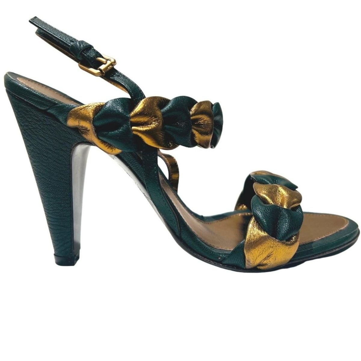BCBGMAXAZRIA Green Gold Braided Leather Sandals - Runway Catalog