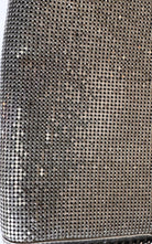 BCBG Max Azria gunmetal metal mesh clutch with leather whipstitch trim and tassel