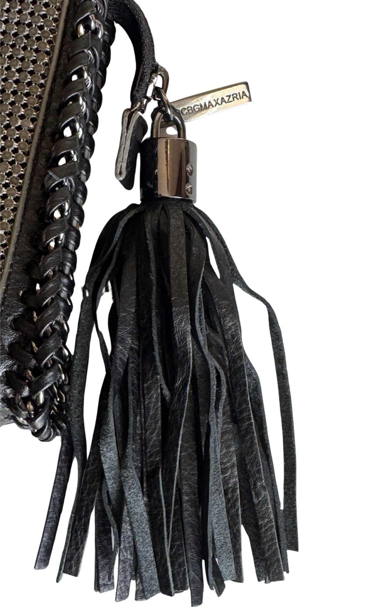 BCBG Max Azria gunmetal metal mesh clutch with leather whipstitch trim and tassel