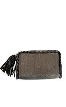 BCBG Max Azria gunmetal metal mesh clutch with leather whipstitch trim and tassel