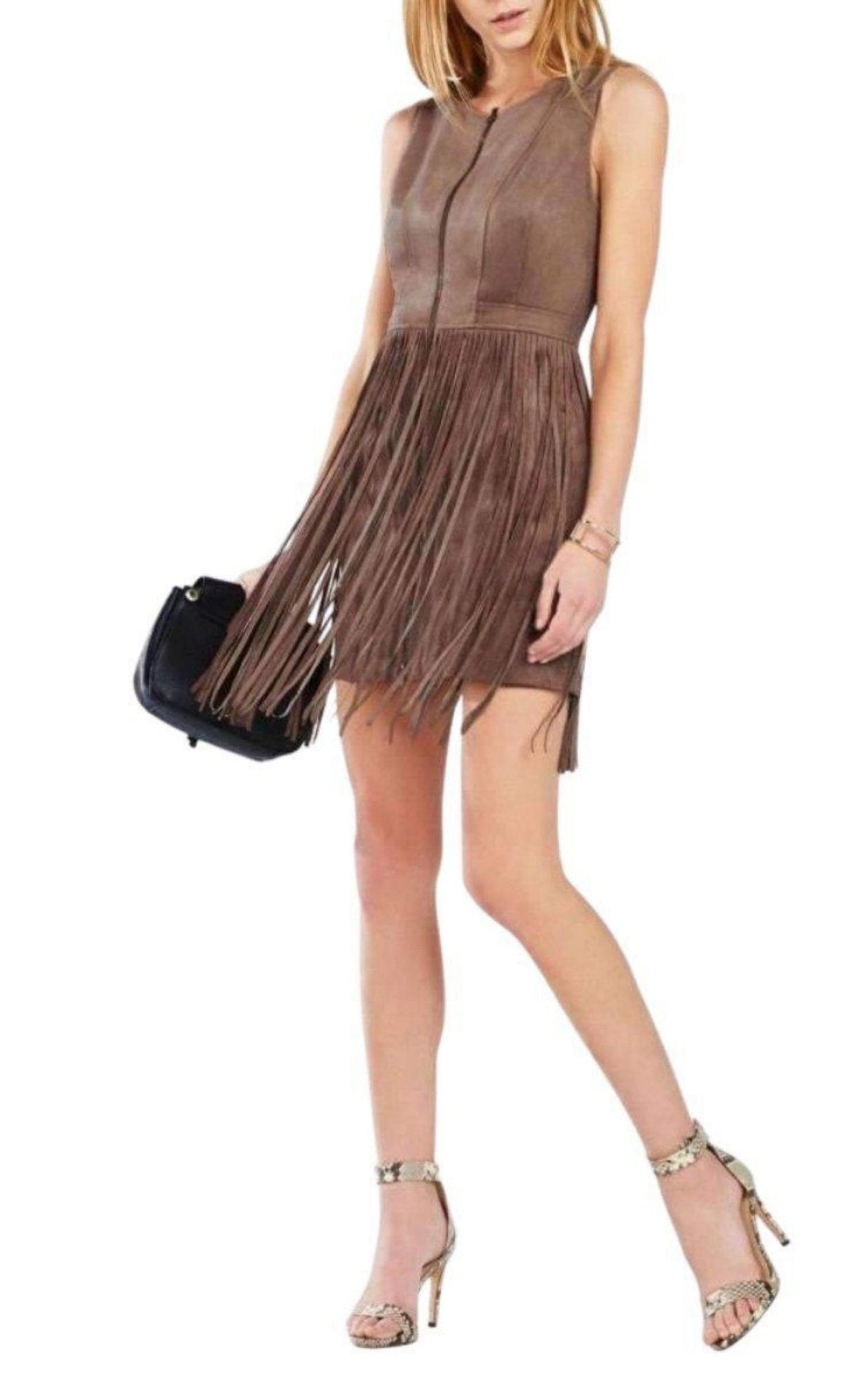 BCBGMAXAZRIA Hamin Fringe Faux Suede Vest Dress - Runway Catalog