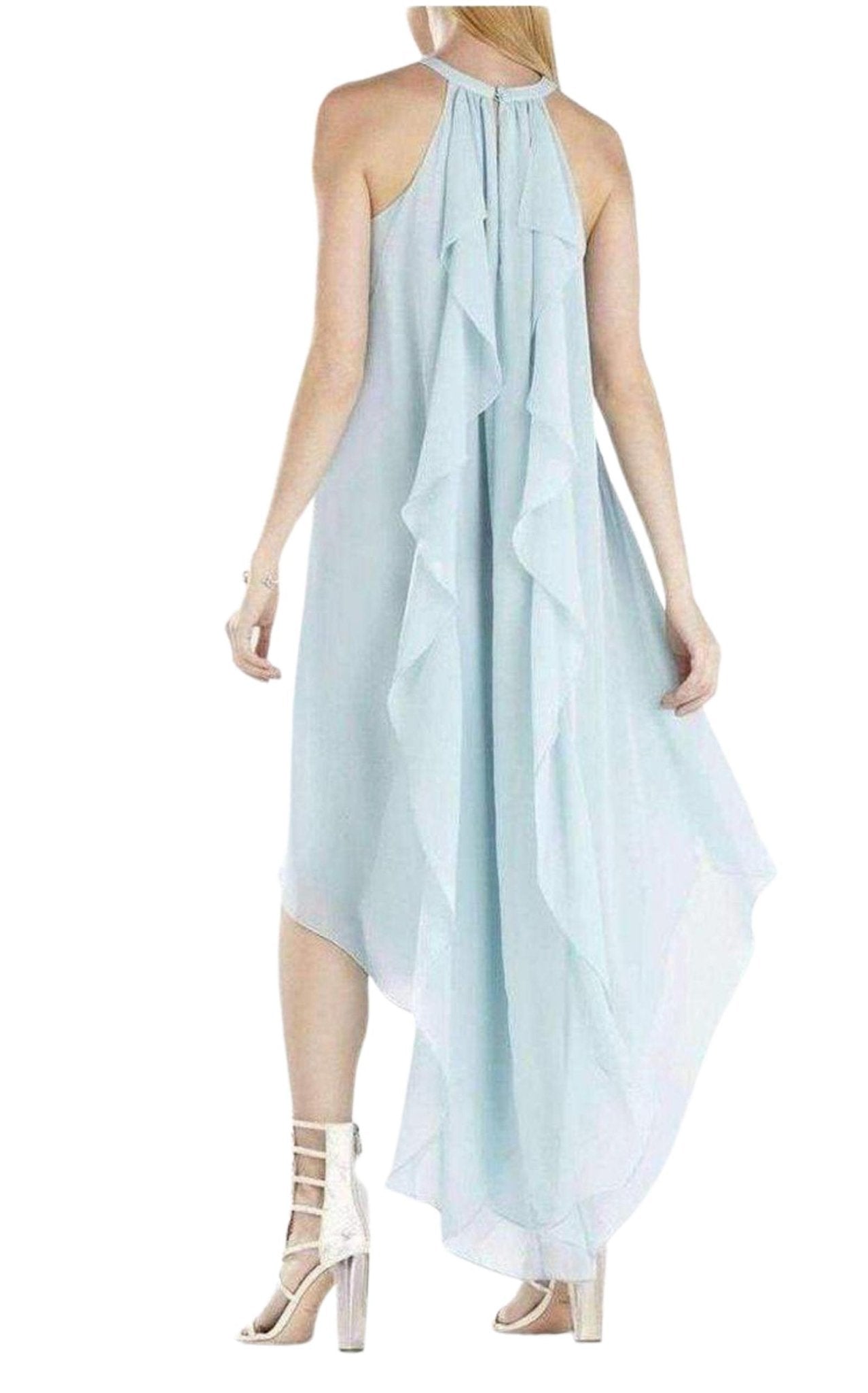 BCBGMAXAZRIA Kelsia Aqua Mist Cascade Ruffle Halter Dress