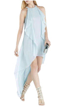 BCBGMAXAZRIA Kelsia Aqua Mist Cascade Ruffle Halter Dress - Runway Catalog
