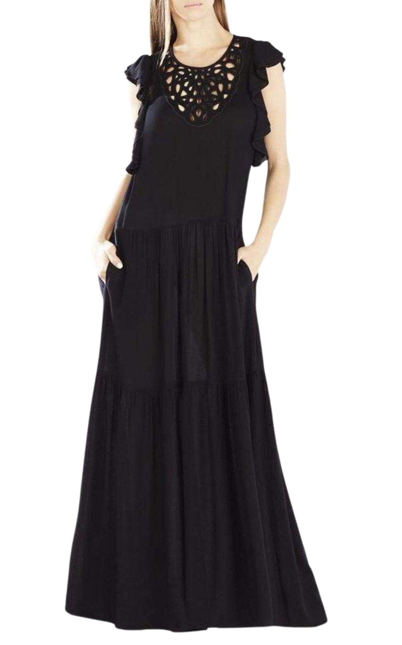 BCBGMAXAZRIA Lyndsy Flutter Sleeve Cutout Embroidered Maxi Dress - Runway Catalog
