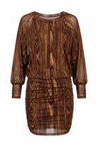A brown sheer mesh dress with a dark wood grain print, featuring long balloon sleeves and a ruched gathered skirt, shown against a plain white background.