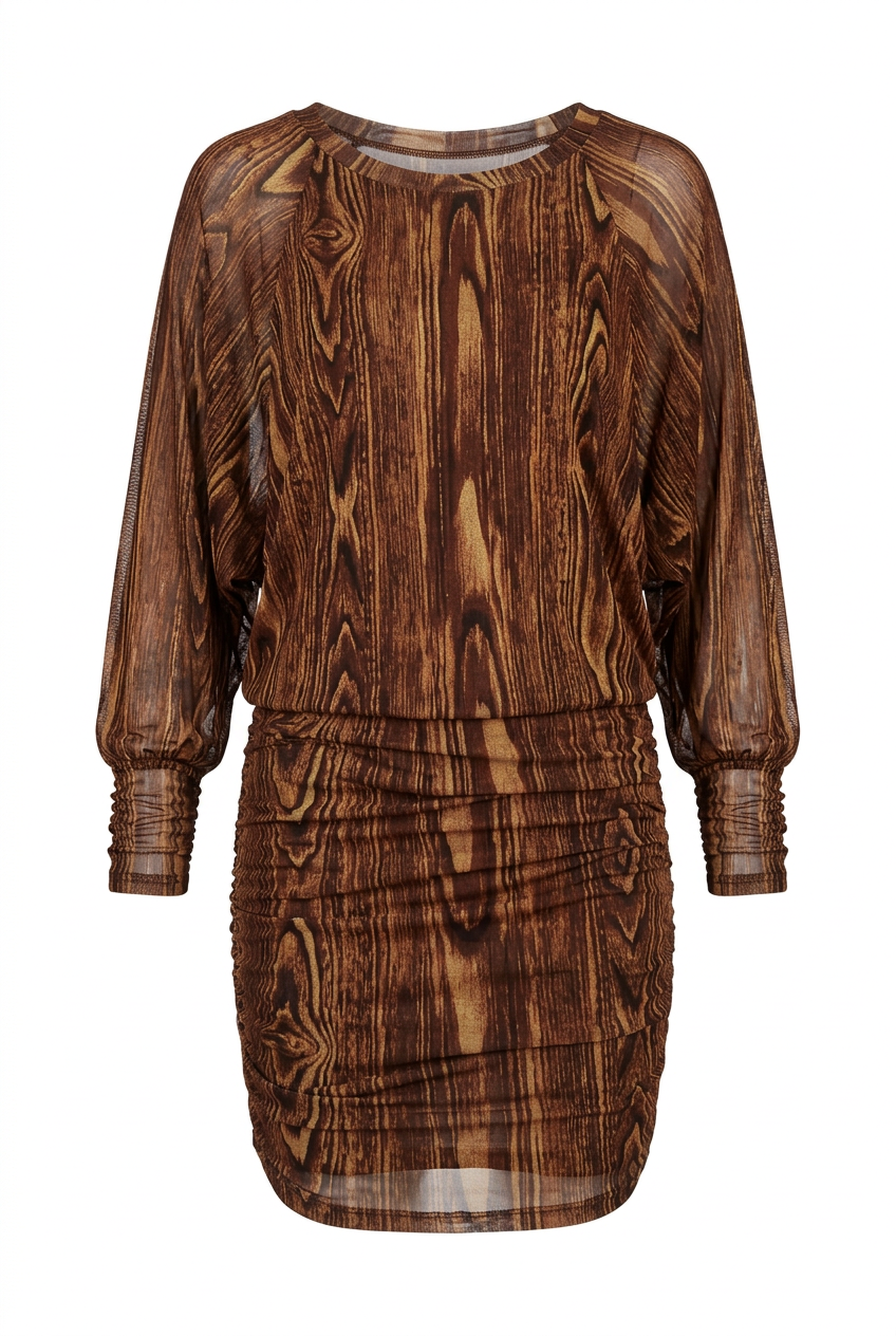 A brown sheer mesh dress with a dark wood grain print, featuring long balloon sleeves and a ruched gathered skirt, shown against a plain white background.