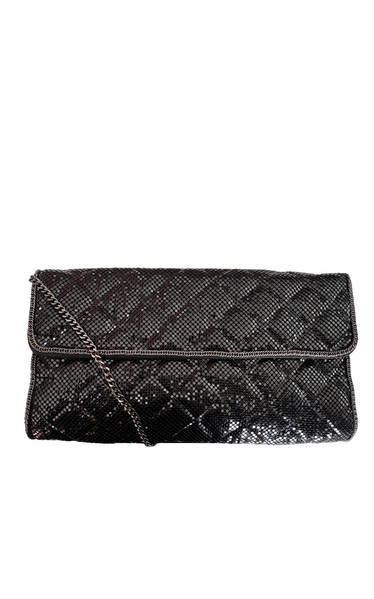 BCBG Maxazria black metal mesh quilted chain clutch bag