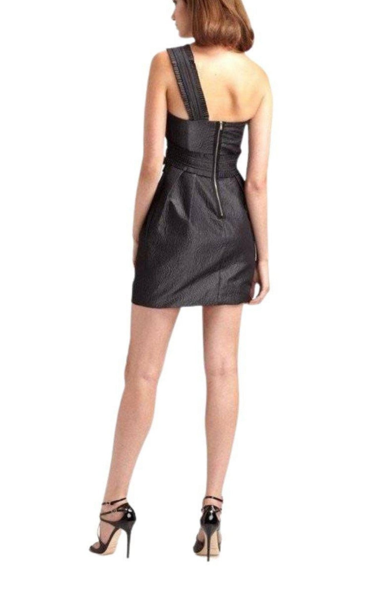 BCBGMAXAZRIA One shoulder Gunmetal Jacquard Rosette Dress
