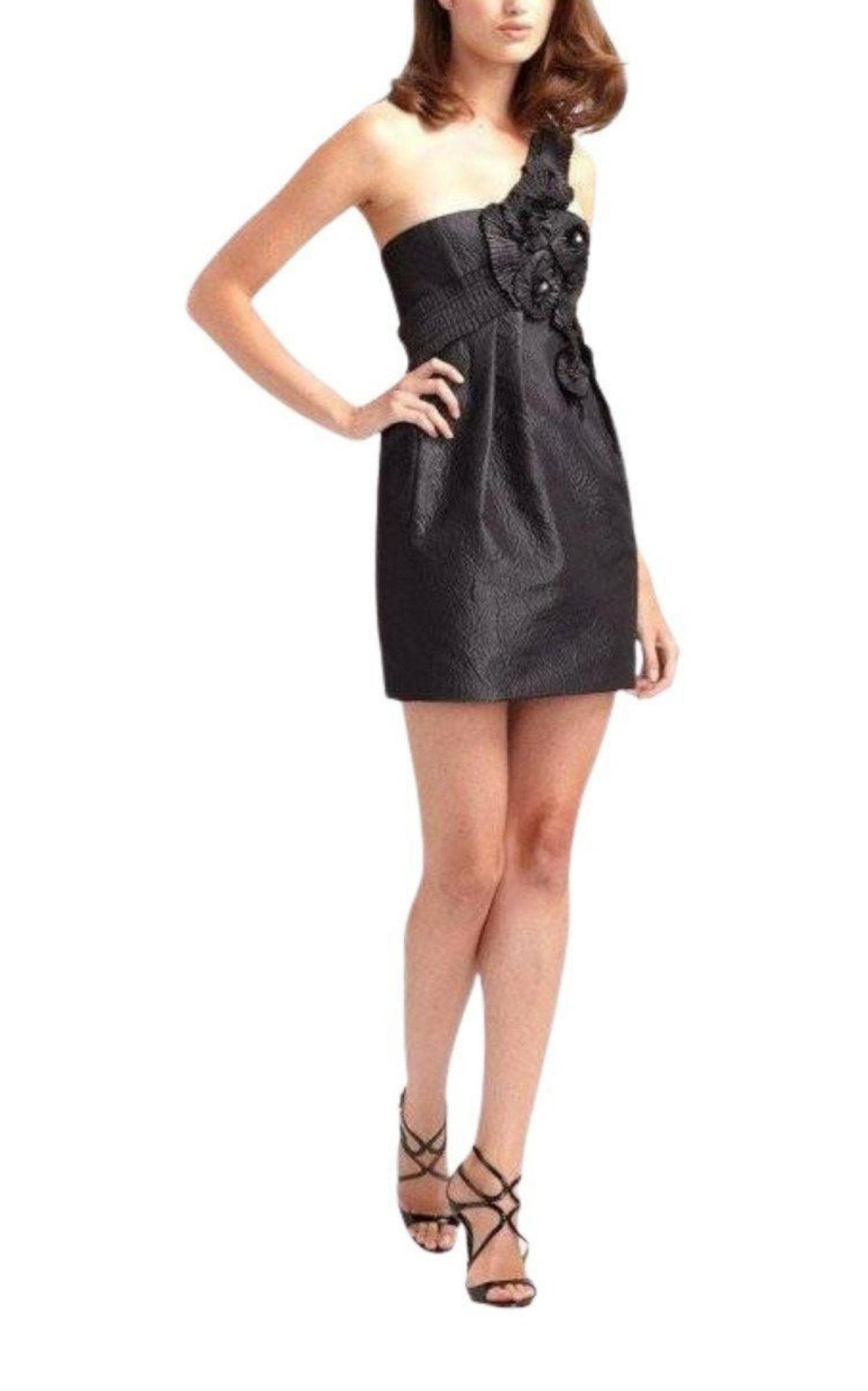 BCBGMAXAZRIA One shoulder Gunmetal Jacquard Rosette Dress