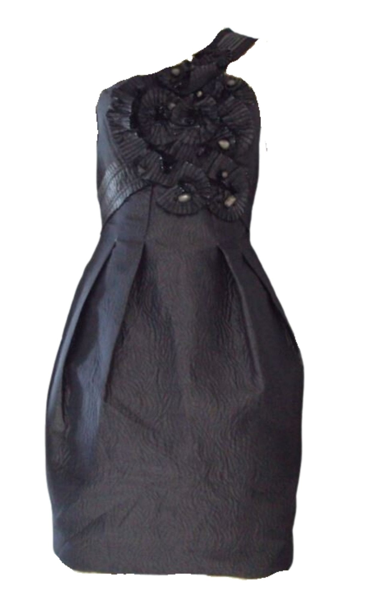 BCBGMAXAZRIA One shoulder Gunmetal Jacquard Rosette Dress - Runway Catalog
