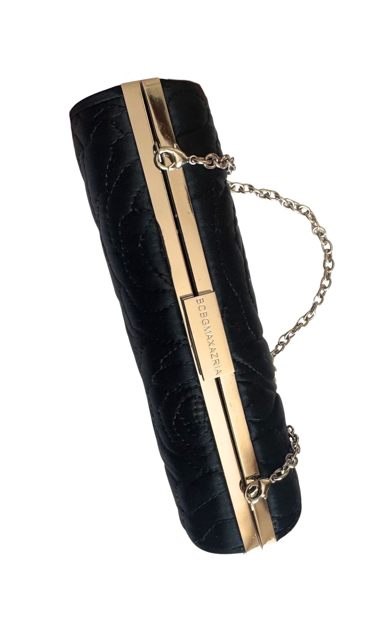 BCBG Max Azria black quilted satin cylinder