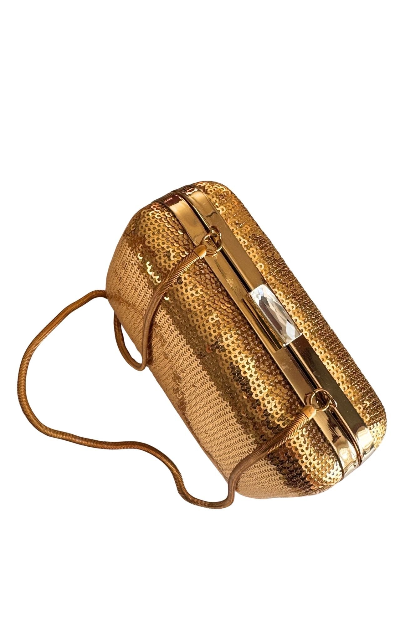 BCBG Max Azria gold sequin hardcase clutch with crystal clasp