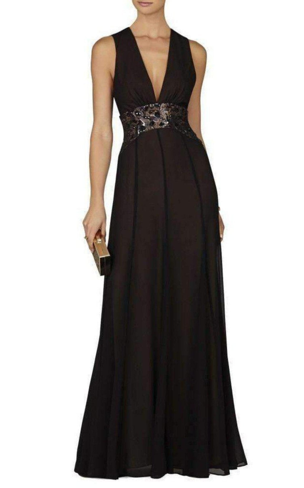 BCBGMAXAZRIA Stacy Plunging V Neck Embellished Waist Gown - Runway Catalog