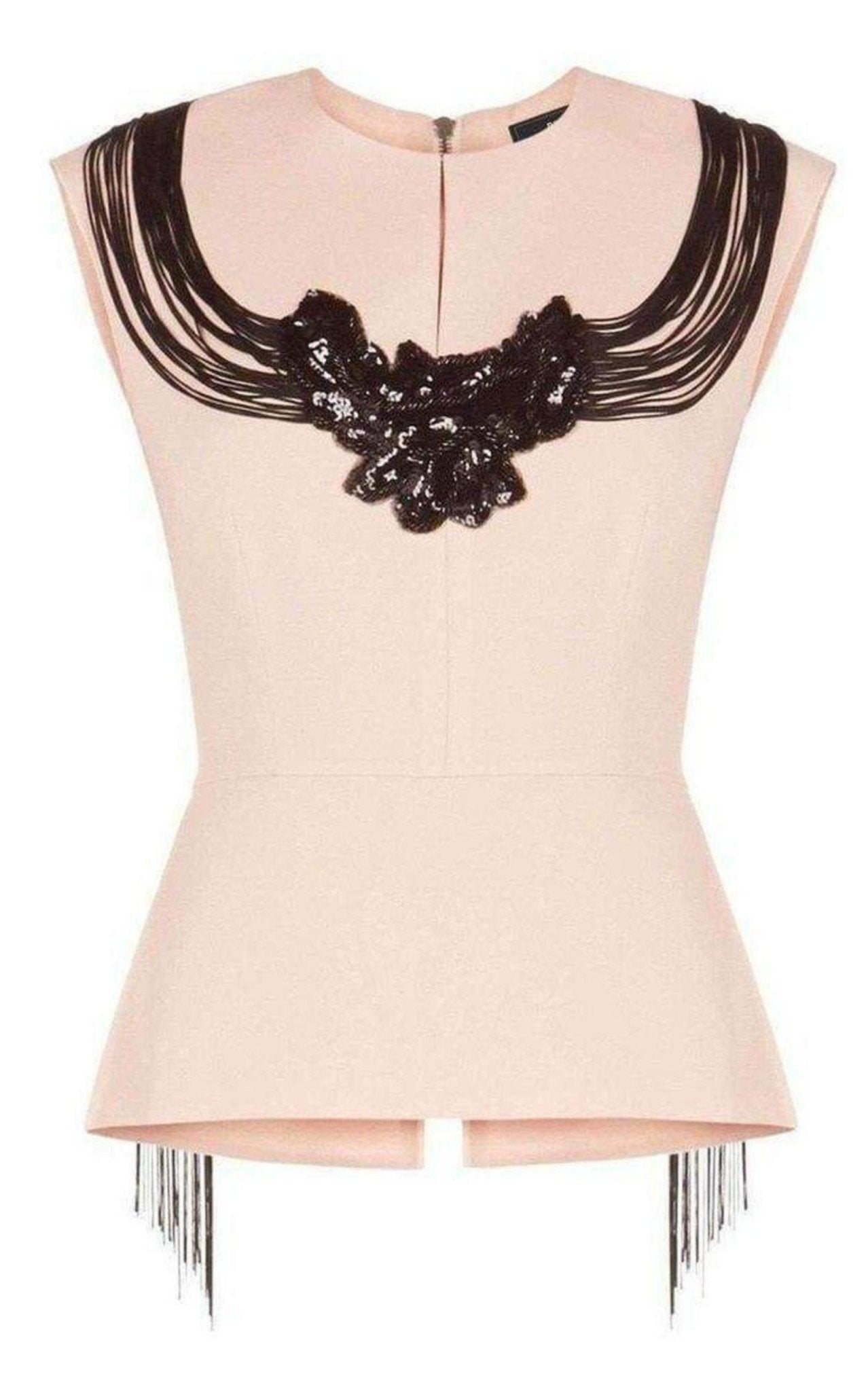 BCBGMAXAZRIA Virginie Beaded Fringe Peplum Top